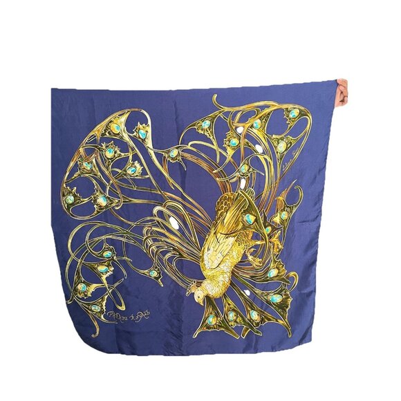 Lalique Paris "Parade Royale" Large Silk Scarf 33”x33” Navy Blue Gold Peacock - Picture 1 of 8